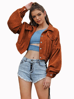 Corduroy Button-Down-Tropfen PUFFÄRMELN geerntete Jacke Frauen Freizeit Ober