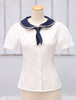 Cotton White Lolita Bluse mit kurzen Ärmeln Marine-Blau Runde Turn-down-Kragen