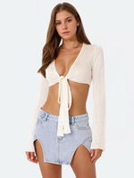Crop Top für Damen weiß Acryl mit Schnürung V-Ausschnitt lange Ärmel sexy Oberteile