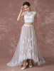 Crop Top Spitze Hochzeitskleid hoch niedrig Tüll Brautkleid Rückendesign Hofschleppe Brautkleid mit Illusion Hals Milanoo