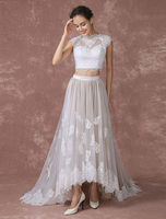 Crop Top Spitze Hochzeitskleid hoch niedrig Tüll Brautkleid Rückendesign Hofschleppe Brautkleid mit Illusion Hals Milanoo