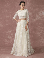 Crop Top Spitze Hochzeitskleid Rückendesign Taschen Brautkleid Viertel Ärmel Gericht Zug Brautkleid Milanoo
