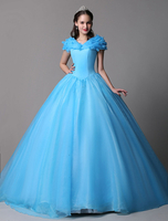 Cyan Ball Gown Dress Organza Cinderella ab Schulter Quinceanera Kleid mit Sweep Zug