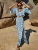 Damen 2-teilige Sets Blaue Polyester-Schnür-Halbarm mit V-Ausschnitt und bedrucktem böhmischem Top-Sommer-Maxikleid mit geteilter Vorderseite