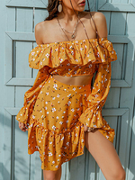 Damen 2-teilige Sets Gelber Sommerrock mit Polyester-Print und langen Ärmeln