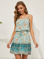 Damen 2-teilige Sets Hellblaue Baumwollbänder Hals Blumendruck Bohemian Top Ärmelloses Sommeroutfit
