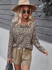 Damen 2-teilige Sets Khaki Baumwolle Leopardenmuster Casual Pants Sommer Langarm Jewel Neck Bluse Outfit