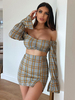 Damen 2-teiliges Set Orange Plaid Skinny Skirt Bateau Neck Ausgestellte Ärmel Polyester Top Outfits