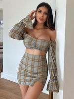 Damen 2-teiliges Set Orange Plaid Skinny Skirt Bateau Neck Ausgestellte Ärmel Polyester Top Outfits