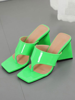 Damen Absatz Pantoletten Square Toe Slip-On PU Leder Chunky Heel Sommer Hausschuhe