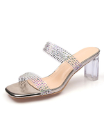 Damen Absatz Pantoletten Square Toe Slip-On PU Leder Chunky Heel Sommer Hausschuhe