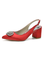 Damen Absätze Puppy Heel Spitzschuh Handgemachte Sandalen Satin Rot Slingback Heels