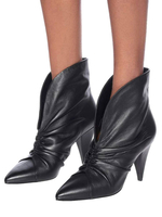 Damen Ankle Boots Black Cowhide Pointed Toe Chunky Heel Rüschen Booties