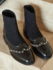 Damen Ankle Boots Black Cowhide Round Toe Puppy Heel geschnitzte Perlen Booties