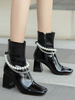 Damen Ankle Boots Black Cowhide Square Toe Metall Details Chunky Heel Pearls Booties