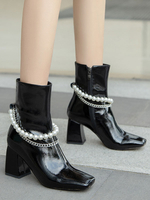 Damen Ankle Boots Black Cowhide Square Toe Metall Details Chunky Heel Pearls Booties