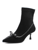 Damen Ankle Boots Black Elastic Fabric Bows Pointed Toe Split Sohlenstiefel