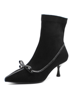 Damen Ankle Boots Black Elastic Fabric Bows Pointed Toe Split Sohlenstiefel