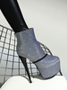Damen Ankle Boots Dazzling Blue Pailletten Stoff Round Toe Stiletto Heel Platform Booties