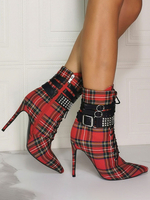 Damen Ankle Boots Red Canvas Spitzzehen Nieten Stiletto Heel Sky High High Heel Booties