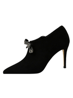 Damen Ankle Boots Schwarzes Wildleder Pointed Toe Rhinestones Bow High Heel Booties