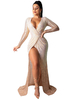 Damen Aprikose Maxikleider Langarm V-Ausschnitt Pailletten Paillettenboden Sexy Länge Kleid