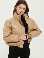 Damen Baumwolljacke Khaki Stehkragen Langarm Leder Wärmeschutz Winter Steppmantel