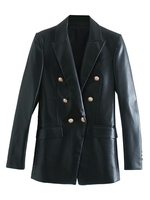 Damen Black Blazer Leder Turndown Kragen Langarm Zweireiher Jacken