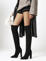 Damen Black Over The Knee Stiefel Micro Wildleder Pointed Toe Chunky Heel Stiefel