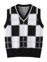 Damen Black Plaid Pullover Sweater V-Ausschnitt Ärmellose Polyester Sweater Weste