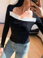 Damen Black Sweater Vierkantausschnitt Langarm Cotton Top Gothic Sweater