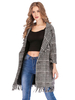 Damen Black Tweed Plaid Oberbekleidung Turndown Collar 3/4 Länge Ärmel Fransen Casual Quilted Wrap Coat