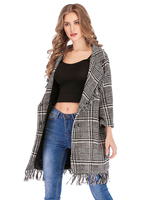 Damen Black Tweed Plaid Oberbekleidung Turndown Collar 3/4 Länge Ärmel Fransen Casual Quilted Wrap Coat