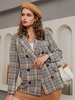 Damen Blazer Aprikose Plaid Polyester Turndown Kragen Langarm Langarm Jacke