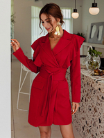 Damen Blazer Chic Polyester geknotet Turndown-Kragen Langarm Red Blazer Kleid