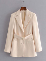 Damen Blazer Ecru Weiß Turndown Kragen Langarm Casual Jacken Mit Gürtel