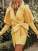 Damen Blazer Gelb Mode Polyester geknotet Turndown Kragen Langarm Langarm Blazer Kleid