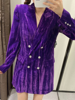 Damen Blazer Lila Turndown Kragen Knöpfe Langarm Velours Kurzjacke