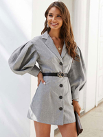 Damen Blazer Mode Polyester V-Ausschnitt Knöpfe Langarm Graue Mäntel