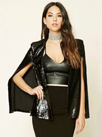 Damen Blazer Schwarz Stylish Cowl Neck Asymmetrische Pailletten Polyester Short Coat