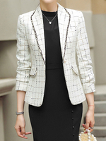 Damen Blazer Weiß Turndown Kragen Knöpfe Langarm Ärmel Geometric Polyester Short Tailored Jacket