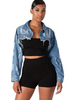 Damen Blue Denim Jacke Turndown Kragen Ausschnitt Langarm Short Denim Jacke