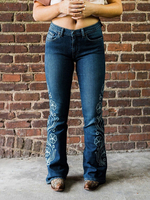 Damen Blue Denim Pants Blaue Blumen Raised Waist Color Block Ausgestellte Hosen Casual Jeans