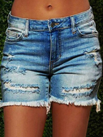 Damen Blue Denim Shorts Straight Zipper Fly Cowboy Short Denim
