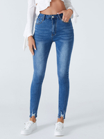 Damen Blue Jeans Split Front Asymmetrische Raised Waist Tapered Fit Skinny Denim Hose