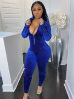 Damen Blue Jumpsuit U-Ausschnitt Langarm Polyester Skinny Summer Playsuit