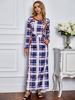 Damen Blue Plaid Maxikleider Langarm Jewel Neck Tweed Bodenlanges Maxikleid
