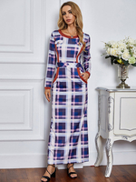 Damen Blue Plaid Maxikleider Langarm Jewel Neck Tweed Bodenlanges Maxikleid