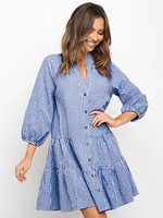 Damen Blue Shift Kleider Mittellange Laterne Ärmel Casual Buttons V-Ausschnitt Layered Tunika Kleid