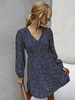Damen Blue Skater Kleider V-Ausschnitt Langarm Polyester Casual Flared Kleid